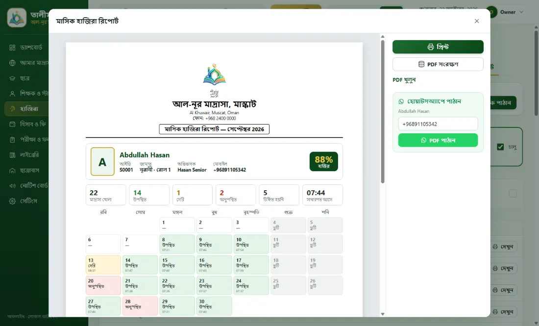 প্রত্যেক অভিভাবকের কাছে মাসিক হাজিরা রিপোর্ট